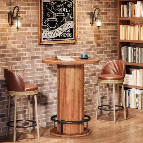 Image of Tribesigns Round Dining Table, Bar Height Commercial Kitchen Table with Wood Strip Base and Footrest, for Dining Room, Restaurant, Cafe, Bakery, School, Apartment, Walnut Brown (Only Table)