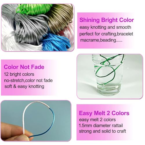 Satin Nylonschnur für Armbänder 1,5 mm, Seidenkordel, seidiges Knotenband, 252 Yard, 12 Farben,Bastelschnur, Nylonschnur für Halsketten, Armbänder, Perlen, Bastelarbeiten Satinkordel für Armbänder