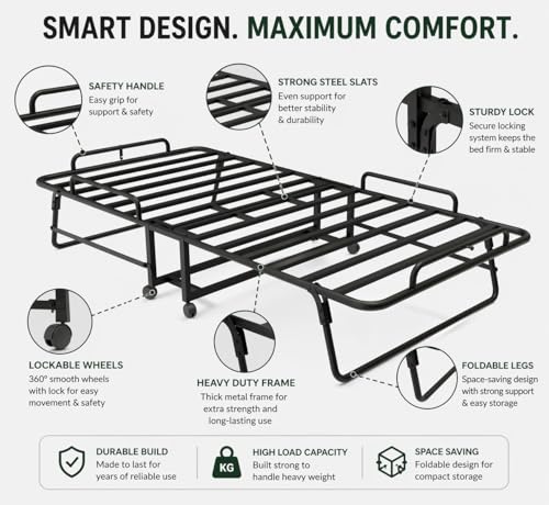 Image of Sahni Foldable Furniture Premium Rollaway Folding Bed with 4 Inch Mattress, Single Guest Bed with Lockable Wheels, Heavy Duty Metal Frame, Portable Foldable Bed for Sleeping