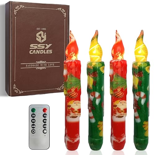 Image of Christmas Flameless Short Taper Candles, Red Green LED Battery Operated with Remote, Flickering Flame Lights for Home Decor, 6.7 Inch Primitive Flameless Print Candles, 4PCS
