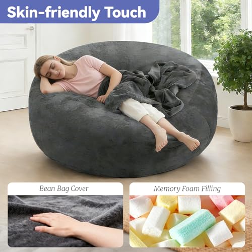 Image of 4FT，Bean Bag Chairs for Adults，Bean Bag with Filler Included，Memory Foam Chair，Soft Flannel Washable Cover, Ideal Reading Chair for Bedroom and Dormitory. (Dark Gray, 4 Foot)