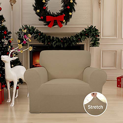 Image of Easy-Going Stretch Chair Sofa Slipcover 1-Piece Couch Sofa Cover Furniture Protector Soft with Elastic Bottom for Kids, Pet. Spandex Jacquard Fabric Small Checks (Chair, Tan)