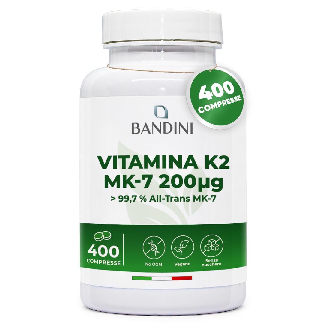 Bandini Vitamin K2 MK7 200µg | 400 Tablets | High Dose Menaquinone | Vit K 2 MK-7 200 mcg | Contributes to the maintenance of normal bones, 100% Vegan, GMO Free | Vitamin K Italian Quality
