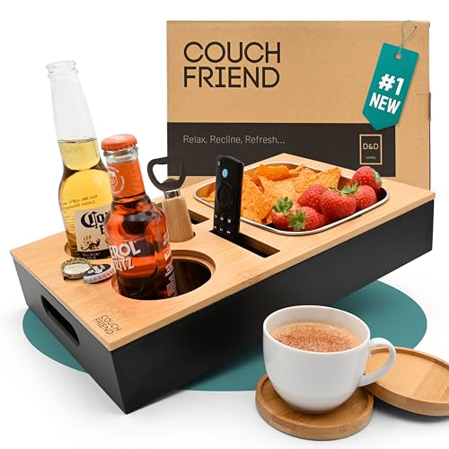 D&D Living Couch Caddy - Bamboo Couch Console | Anti-Spill Drink and Cup Holder | Snack Organizer Tray for Sofa with Bottle Opener