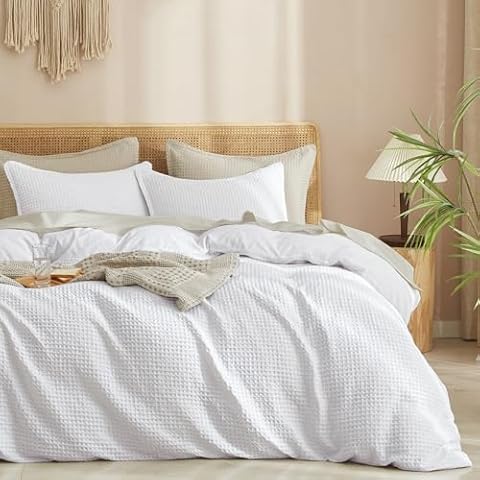 PHF Waffle Weave Duvet Cover Set King Size, 3 Piece Ultra Soft Breathable Durable Comforter Cover for All Season, Waffle Textured Duvet Cover with 2 Pillow Shams Bedding Collection, 104"x90", White Cover