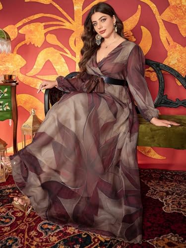 Image of Spring Summer 2024 Plus Size Womens Dresses V Neck Casual Elegant Long Sleeve Floral Print Maxi Dress