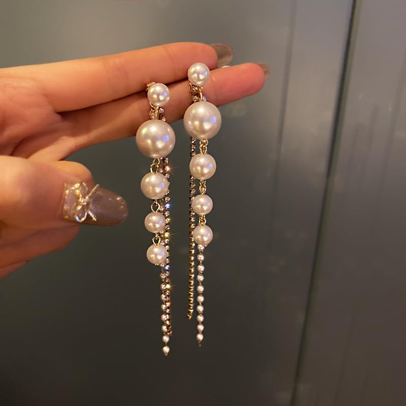 Pearl Earrings for Women - Sparkle Rhinestone Drop Tassel Dangle Earrings - Dainty Freshwater Pearl Bridal Wedding Birthday Christmas Jewelry3