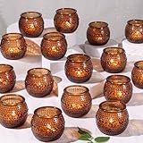 16 Pcs Amber Tea Light Candle Holders, Round Amber Glass Candle Holder with Polka Dot Embossed, Vintage Votive Candle Holders for Weddings, Home Decor, Baby Shower, Special Occasions