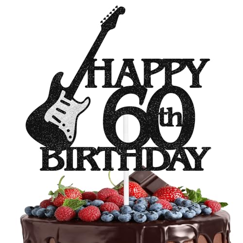 LIANGSS Rock Bass Cake Topper Guitar Themed 60th Happy Birthday Black Glitter - Perfect for 60th Birthday Party, Anniversary Party, or Music Themed Party Decoration