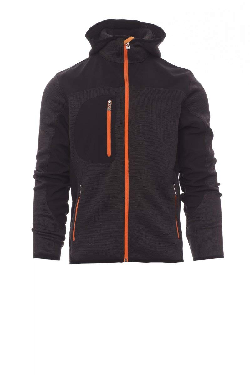 PAYPER Trip Giacca Softshell Uomo da Lavoro 100% Poliestere Chiusura Zip con Cappuccio Tasca al Petto Steel Grey Melange/Nero-Arancione Fluo (M)