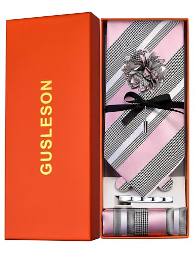 Image of GUSLESON Men's 5-pc Striped Tie Gift Set - Jacquard Necktie, Pocket Square, Cufflinks, Lapel Pin, Tie Clip - Wedding Formal Gifts