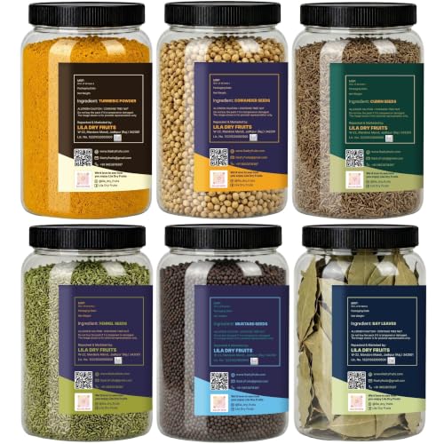 Image of LILA DRY FRUITS Indian Starter Kit Spices Masala Combo | Haldi, Dhania, Jeera, Saunf, Tej Patta & Rai 100 Gms Each