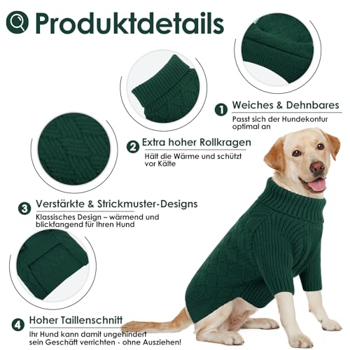 AOFITEE Hundepullover für Große Hunde, Warmer Weihnachts Hundepullover XXL Hunde Pullover, Rollkragen Winter Grün Strickpullover Hundepulli GroBe Hund Christmas Sweater, Pullover für Labrador