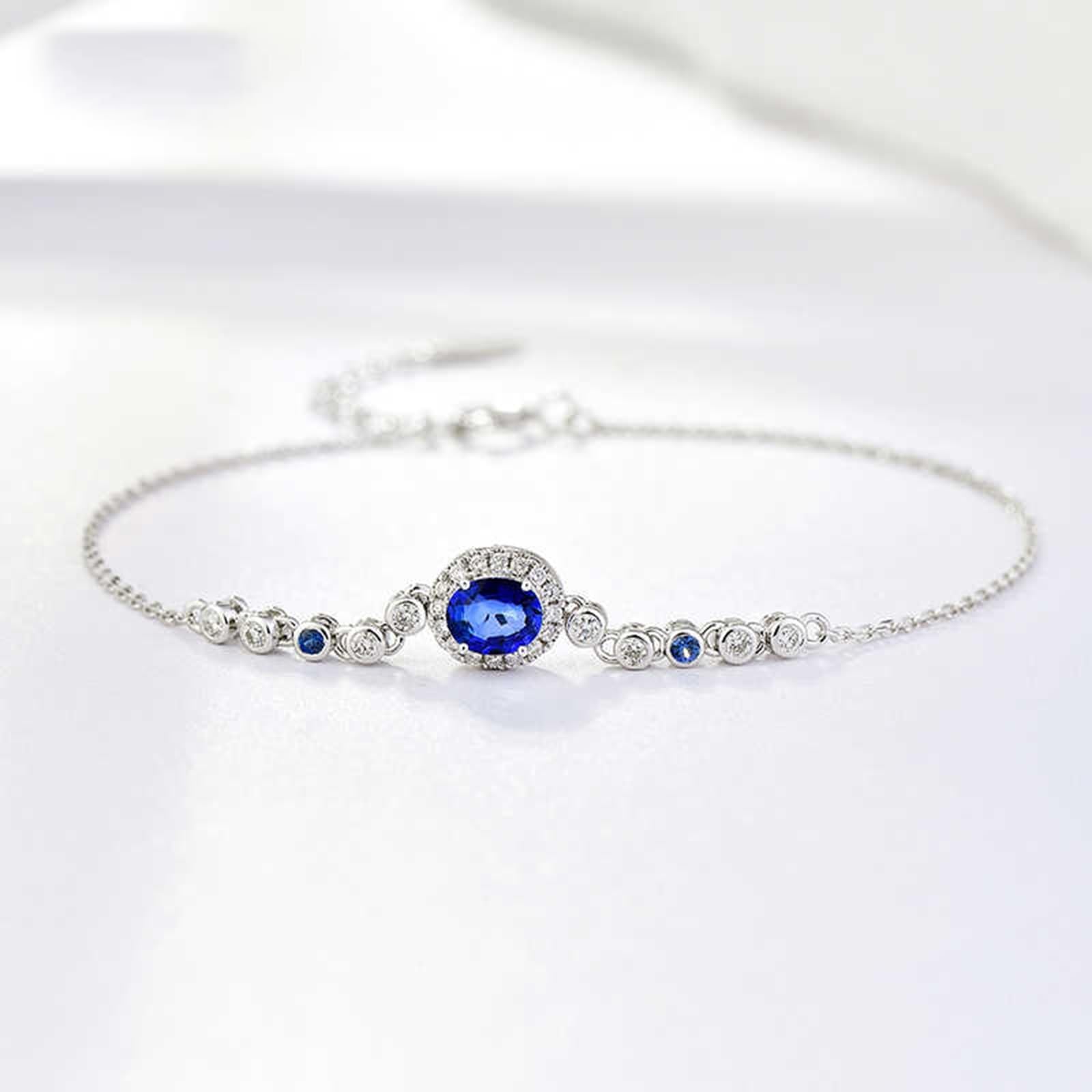 Pulsera para mujer de oro blanco auténtico de 9 K/14 K/18 K, azul de 0,44 quilates, zafiro clásico, corte ovalado, moissanita, pulsera para mujer, oro de 18/14/9 quilates