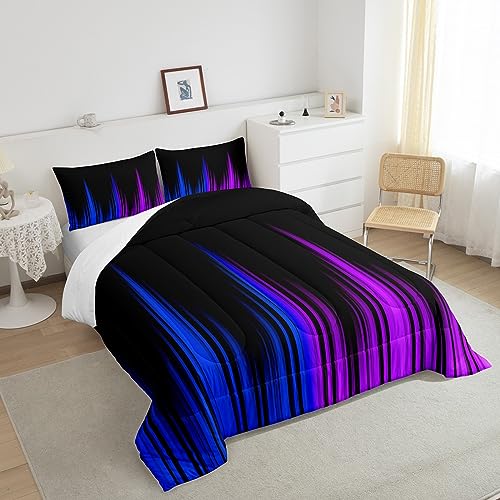 Image of Feelyou Ombre Comforter Full, Ombre Striped Comforter Blue Purple and Black Comforter Set for Kids Boys Girls Geometrics Lines Duvet Set with 2 Pillow Case