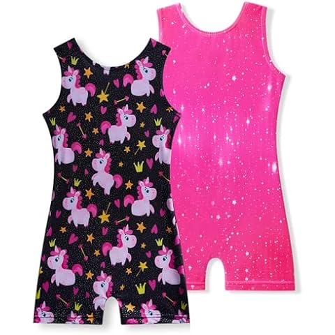 MYQFF Bundle of Girls Gymnastics Leotards with Shorts Black Pink Unicorn Biketard for Toddler Kids Gym Outfitst Size 4-5 Years 4t 5t Cover