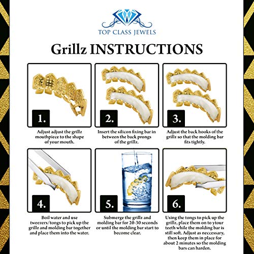 24K Plated Joker Gold Grillz for Mouth Top Bottom Hip Hop Teeth Grills for Teeth Mouth + 2 Extra Molding Bars, Storage Case + Microfiber Cloth (Gold Micropave 6 Tooth)