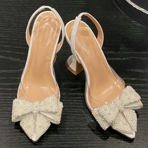 KysBloes Women Bow Rhinestone Shoes Pointed Toe Slingback Heels Clear Stiletto High Heel Pumps with Pearl3