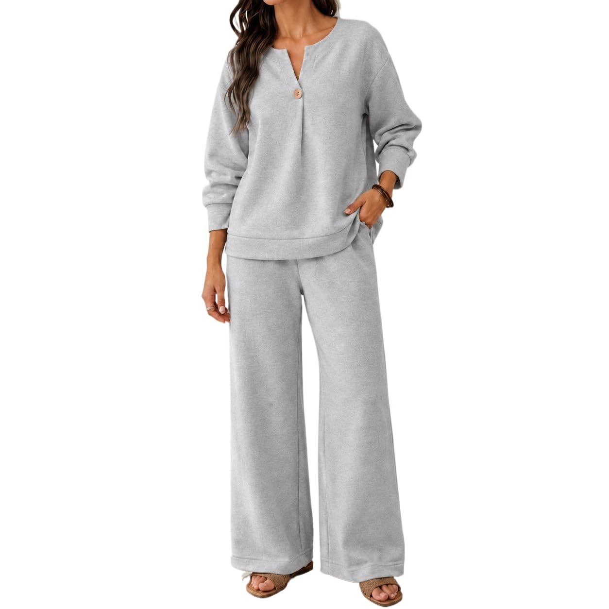 Conjunto de 2 piezas para mujer, sudadera de manga larga con cuello en V y botones, pantalones de pierna ancha a juego, ropa de viaje
