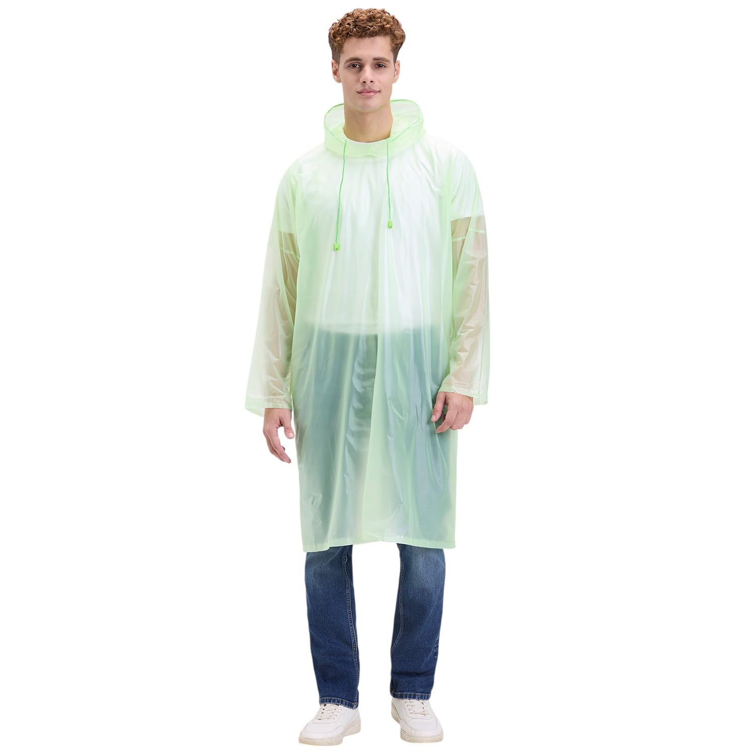 Light Green Waterproof Hooded Rain Poncho with Adjustable Drawstring Compact Travel Raincoat-image-22