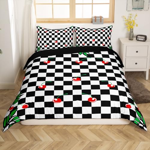 jejeloiu Cherry Comforter Cover Toddler Kids Buffalo Check Leaves Bedding Set for Boys Girls Teens Black White Plaid Modern Abstract Art Duvet Cover Room Decor?No Comforter