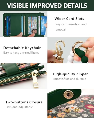 Image of Keychain Wallet Wristlet for Women,RFID Small Floral Flowers Wallet | Wallet Wristlet with Zipper Coin Pocket,Vegan Leather Card Wallets for Women, 2 ID Window,Gift