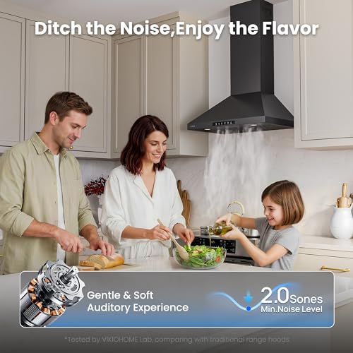 Image of VIKIO HOME Wall Mount 30 Inch Range Hood 900 CFM, Ductless /Ducted Convertible, 3-speed Gesture Sensing & Touch Control, Black Painted Stainless Steel Kitchen Vent Hood with Permanent Baffle Filters