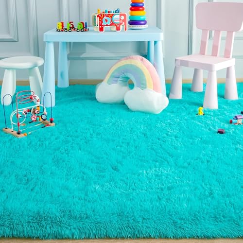 Image of Shaggy Round Area Rug - Soft Plush Circle Solid Color Carpet for Living Room, Bedroom, Kids Room - Fluffy Fuzzy Floor Mat for Home Decor (Turquoise, 4x4 feet, Round)