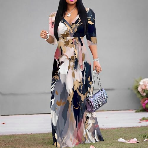 Image of Plus Size Maxi Dresses for Curvy Women Fall Church Dresses 3 /4 Sleeve African Print Dress