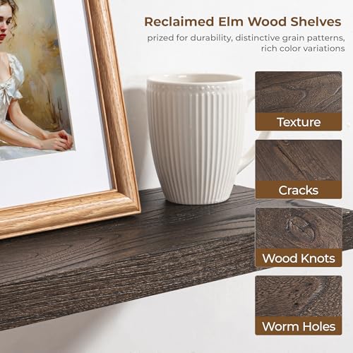 Image of Floating Shelves for Wall, 24in Reclaimed Elm Wood Shelves, Walnut, 2PCs | 8in Deepth Rustic Solid Elm Wood Shelves for Storage, Wall Display Shelving, Invisible Metal Bracket