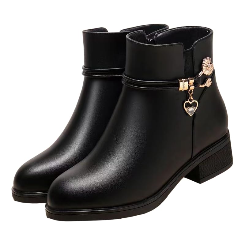 Womens Ankle Booties Soft Leather Platform Side Zipper Sparkling Rhinestones Winter Warm Fur Lined Thickening Snow Boot