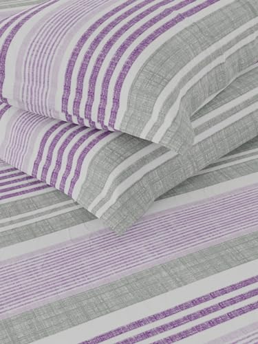 Image of KOPA Extra Smooth Cotton Double Bedsheet with 2 Pillow Covers -3pc Set (Lopez) | Extra Smooth Cotton | 1 Double Bedsheet with 2 King Size Pillow Covers Stripe-Purple /Grey
