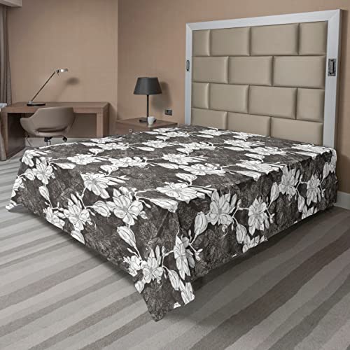 Ambesonne Flowers Flat Sheet, Blooming Magnolia Tree Floral and Branches in Achromatic Tones Print, Soft Comfortable Top Sheet Decorative Bedding 1 Piece, Full Size, Dark Taupe Grey and White