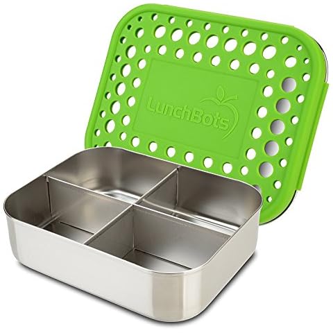 LunchBots Medium Quad Snack Container - Divided Stainless Steel Food Container - Four Sections for Finger Foods On the Go - Eco-Friendly, Dishwasher Safe - Stainless Lid - Green Dots Cover