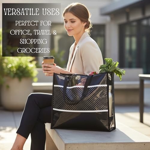 Image of Multipurpose Tote Bag - Black with White Dots | Large Waterproof PVC Mesh Picnic Bag | Reusable Shopping Bag for Groceries, Travel, Beach, Outdoor & Daily Use | Stylish Carry Handbag