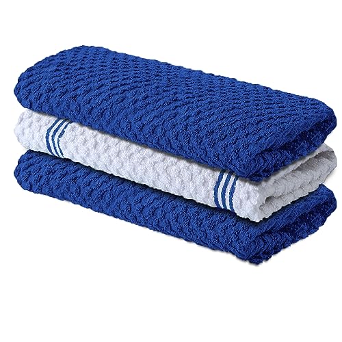 Infinitee Xclusives Premium Kitchen Towels – Pack of 3, 100% Cotton |15 x 25| Inches Absorbent Dish Towels - Terry Kitchen Dishcloth Towels - Blue Dish Cloth for Household Cleaning