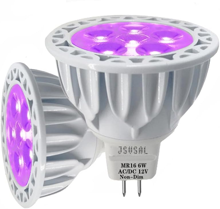 LED Blacklight Bulbs,MR16 GU5.3 Base,DC/AC 12V 6W,UVA Level 395-400nm,Glow in The Dark for Body Art Paint, Fluorescent Poster, Neon Glow Party,Holiday Decorations,2-Pack