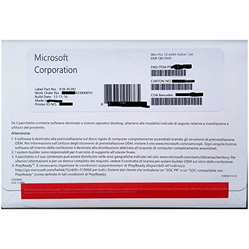 Windows 10 PRO 64 Bit New ITA PACK OEM