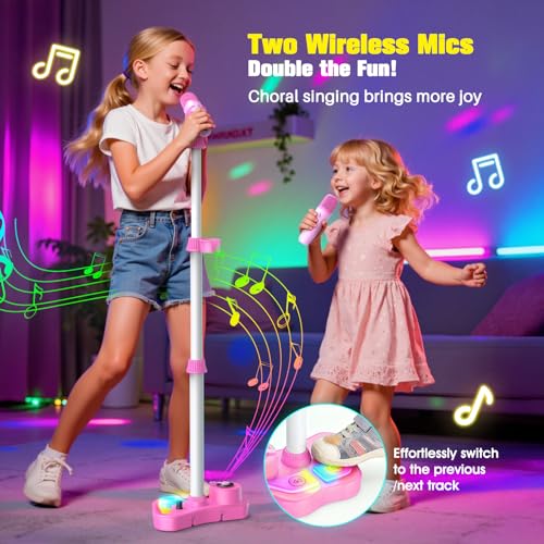 Kids Rechargeable Karaoke Machine Toys with Adjustable Stand, 3-5 4-6 7 8 Year Old GirlsWireless Microphone Gifts, Bluetooth Speaker with 2 Mic Toddler Birthday Gift for Girl Ages 3-8