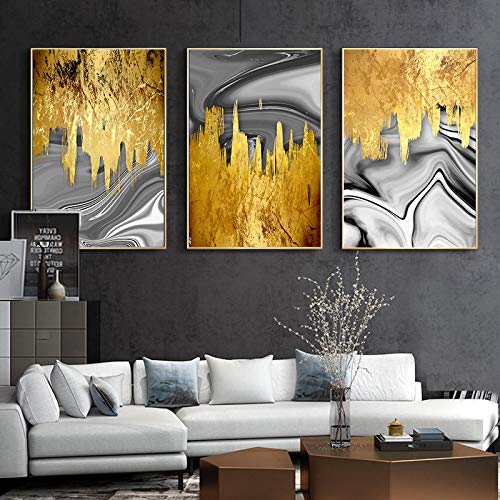 Impression pour salon décoratif mur art photo triptyque abstrait gris et or