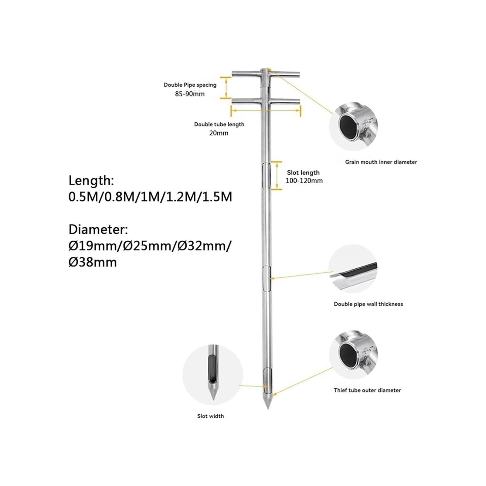 Campionatore di grano in acciaio inossidabile con manico rotante a 3 slot, sonda per sostanze chimiche granulari, lunghezza durevole 0,8 m, strumento di campionamento diametro 25 mm