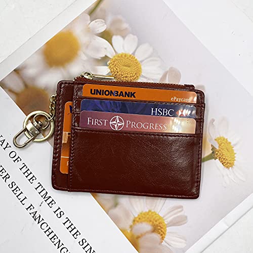 Image of woogwin Slim RFID Credit Card Holder for Women Mini Front Pocket Wallet Purse With Keychain, Oil Coffee, small, Classic