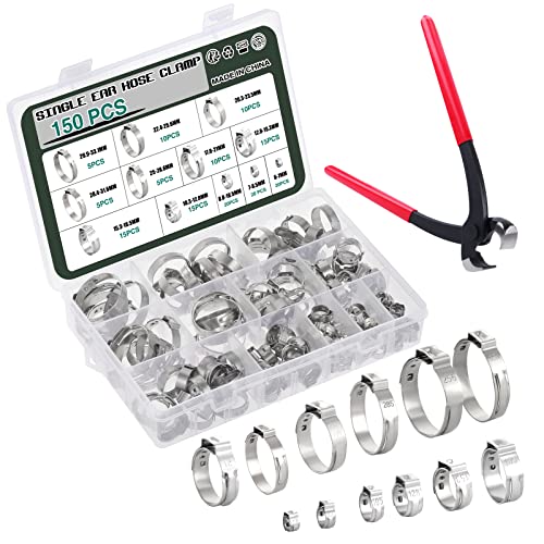 Knpwer 150 Pcs 304 Stainless Steel Single Ear Hose Clamp,6-33.1mm 12 Sizes Crimp Hose Clamp Assortment Kit,Stepless Crimp Clamp