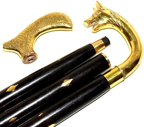 Eve Store Nauticals VICTORIAN STYLE BRASS WOLF HEAD VINTAGE 2 HANDLE WALKING STICK.70