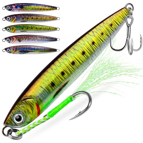 Fishing Jigs Lures Saltwater Jigs - Vertical Jigging Slow Pitch Jigging Hard Jig Fishing Spoon Bass Fishing Lures - Blade Baits with Assist Hook Paillette Artificial Fishing Lure 5pcs/lot(0.53oz/15g)