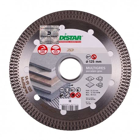 Distar 1A1R - Disco da taglio diamantato, 125 x 1,4 x 10 x 22,23 mm, per piastrelle in ceramica, ceramica smaltata, gres, marmo, ceramica dura, granito industriale di classe 10 mm
