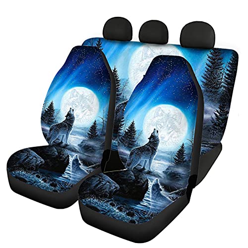 Howilath Ensemble complet de housses de siège de voiture fantaisie en polyester pour l'avant et l'arrière, motif loup hurlant de lune vive, compatible avec la plupart...