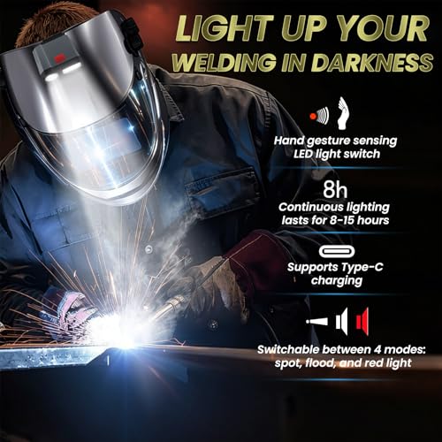 Image of Large View True Color Auto Darkening Welding Helmet with LED Light - Solar Powered, 4 Arc Sensors, 1 /1 /1 /1 Optical Clarity, Wide Shade 4 /5-13 for TIG MIG ARC Grind