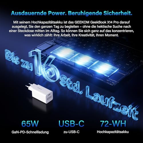 GEEKOM GeekBook X14 Pro Laptop, 999 g Ultraleicht, 14" 2.8K OLED, Ultra 9-185H, 32GB LPDDR5x RAM 7500MT/s, 1TB SSD, 2X USB4, Fingerprint & Webcam-Schieber, bis zu 16 h Akku, Copilot+, Windows 11 Pro – Ansicht 5