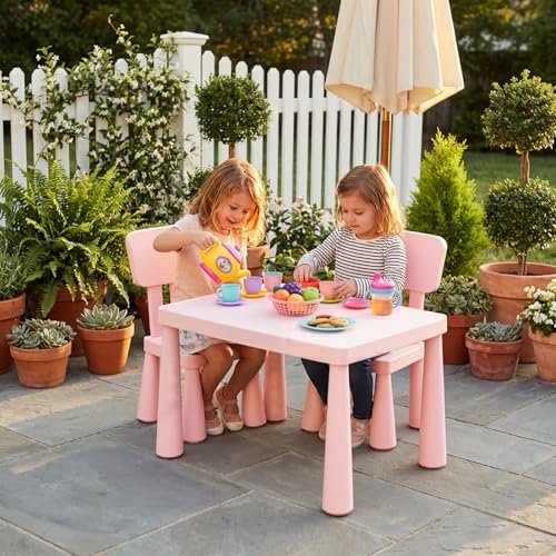 Image of Costzon Kids Table and Chairs, 3 PCS Plastic Toddler Table Set (Pink) | Easy Clean Activity Desk Set for Reading, Drawing, Snack Time, Art Craft, Suitable for Preschool, Playroom, Indoor & Outdoor